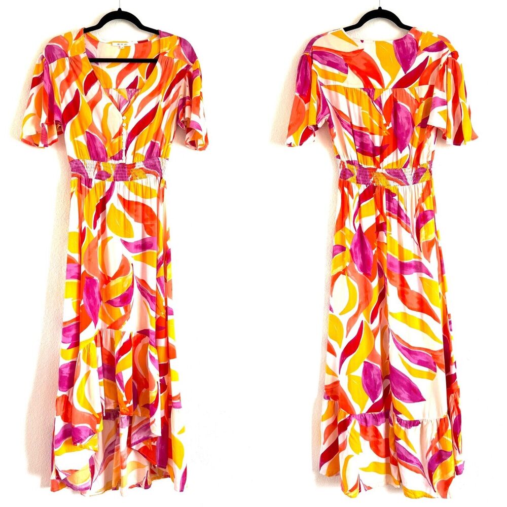 Anthropologie Abel the label ATL Swish Maxi High Low Dress Flutter Slv
